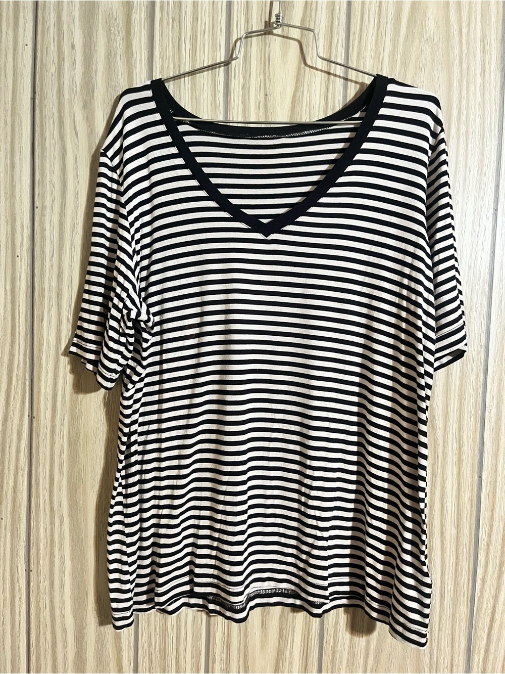 Claire France Black & White Striped V-Neck Tee — Parisian Casual /Everyday Basic